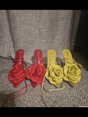 2 Pair Fashion Nova Yellow & Red LOVE IS BLOOMING Flower Tie Up Heels Sandals